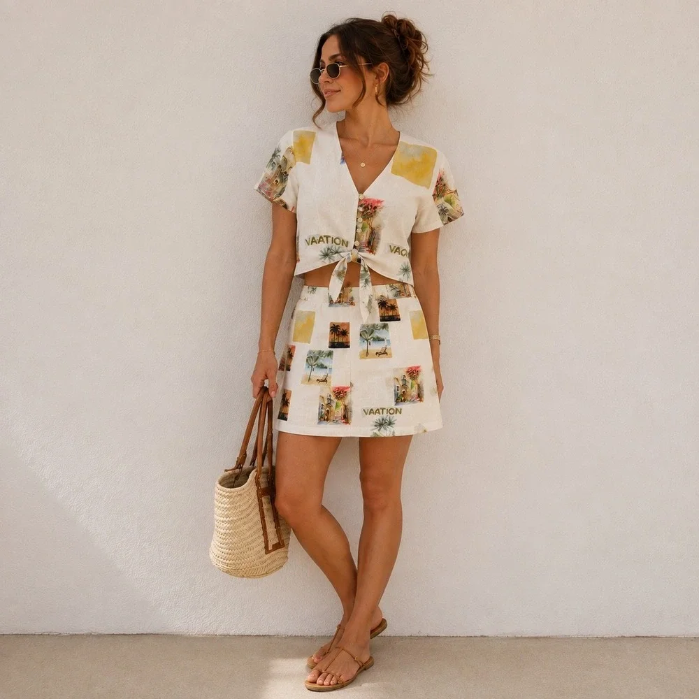 C&C California 2 Piece Set XS White Multicolor Postcard Print Top Mini Skirt